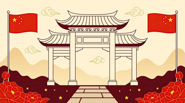 Traditional chinese architectural gate illustration celebrating the festive spirit of the annual china national day holiday event
