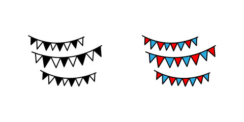 Fototapeta premium hree rows of triangular bunting flags representing celebrations, parties, festivals, birthdays, weddings, events, and decorative occasions.