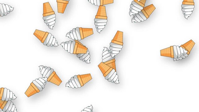 Animated Soft Serve Ice Cream Cones Falling Against White Background