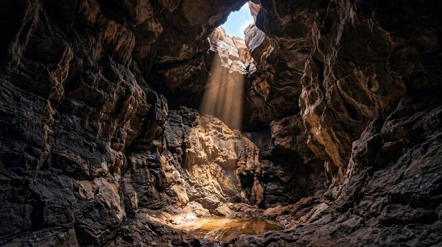 Dramatic limestone cave with sunbeams, ethereal light rays shining through cavern ceiling, majestic underground rock formation