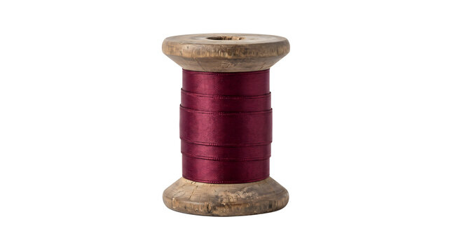 Wooden spool of dark red ribbon on transparent background