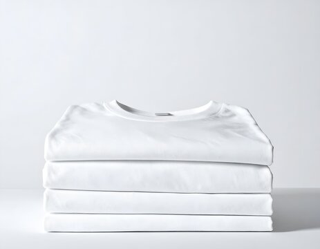 Stack of three folded white cotton t-shirts front view.