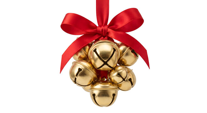 Bunch of golden jingle bells with red ribbon bow