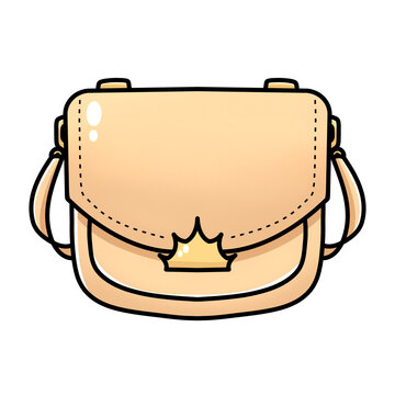 Cute beige women's flap handbag with a simple flat design and elegant decorative details, isolated on a transparent background.