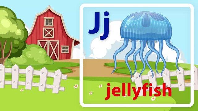 Educational Alphabet Animation Featuring Letter J and Jellyfish on Farm Background