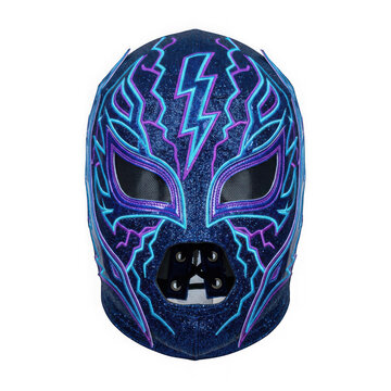 Professional lucha libre wrestling mask with blue glitter fabric and neon lightning bolt embroidery isolated on transparent background