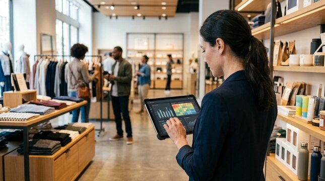 Young female retail manager reviewing sales analytics on tablet in modern clothing store
