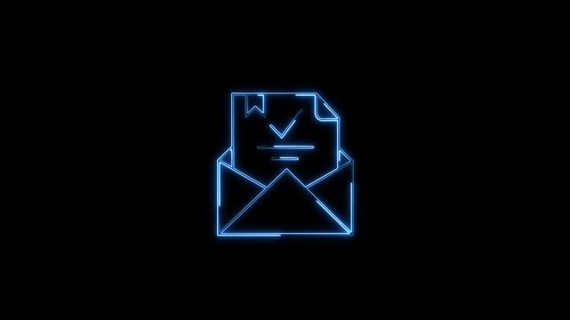 Glowing blue neon envelope opening with approved verified document inside. Ideal for contract approval, email notification, verification, and legal agreement.