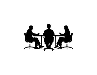 Fototapeta premium Three silhouetted professionals engaged in a formal meeting around a rectangular table with transparent background
