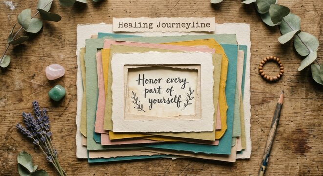 Layered paper frames with 'Healing Journeyline' and 'Honor every part of yourself' quotes