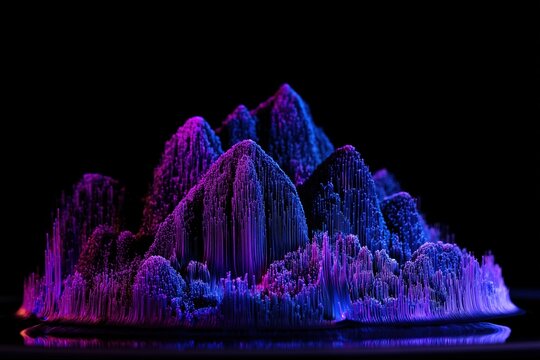 Purple neon sound wave crystal mountain data visualization 3D style