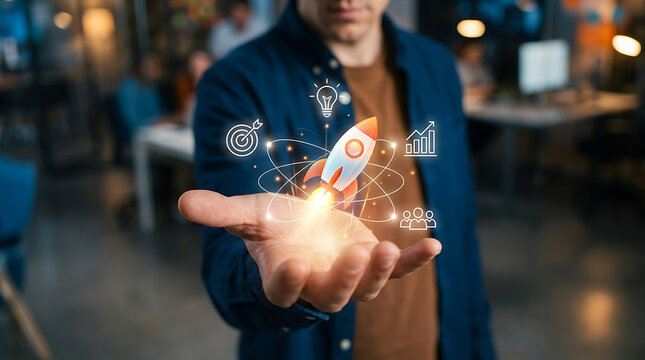 Close view of businessman holding glowing rocket launch hologram and strategy icons in modern office workspace.