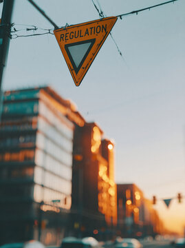 Regulation warning sign on wire against city buildings sunset