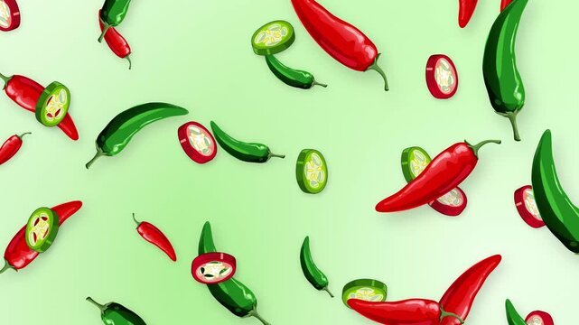 Animation of Red and Green Chili Peppers Falling on Light Green Background