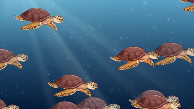 Group of Sea Turtles Swimming Through Deep Blue Ocean Current