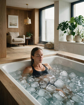 Woman taking ice bath in stone bathtub wellness cold therapy