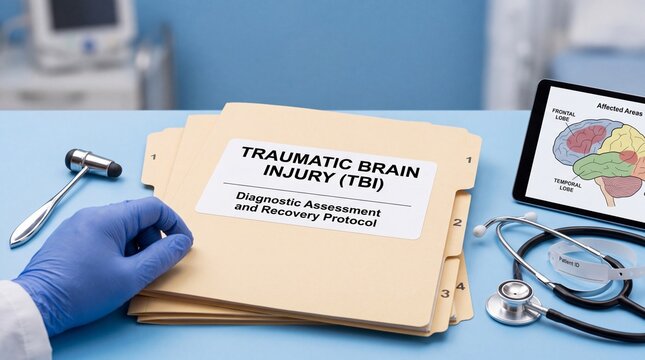 Traumatic brain injury TBI medical folder, diagnostic assessment and recovery protocol, clinical neurology documentation in hospital