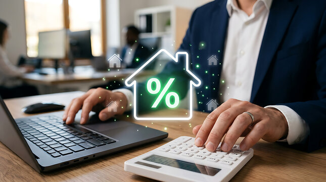 Businessman calculating real estate rates with floating green percentage house icon beside laptop in modern workspace.