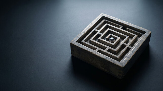 Square wooden maze game with metal marble at center resting on dark surface with side light and copy space