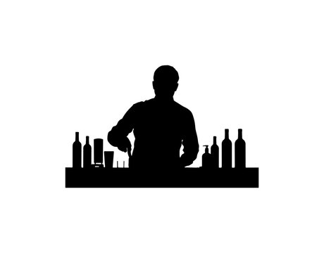 Silhouette of bartender mixing drinks behind bar counter with shelves of bottles and hanging lights bartender silhouette