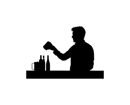 Silhouette of bartender pouring drink into glass at bar counter with multiple bottles and glassware bartender silhouette