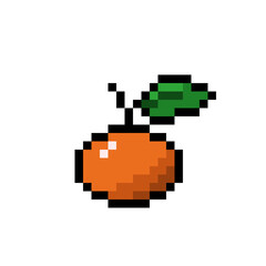 Fototapeta premium Title: Pixel Art Clementine Fruit with Leaf Icon