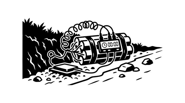 Dynamite bundle with timer in rocky landscape.