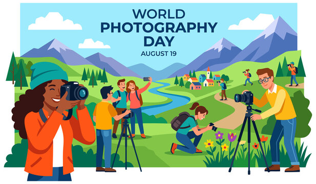 Group of photographers shooting nature landscape mountains vector illustration for world photography day celebration event design