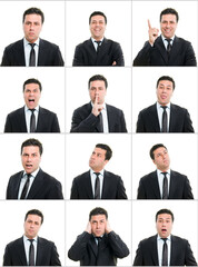 Fototapeta premium Businessman Facial Expressions Collage Set with Various Emotions and Hand Gestures on White Background