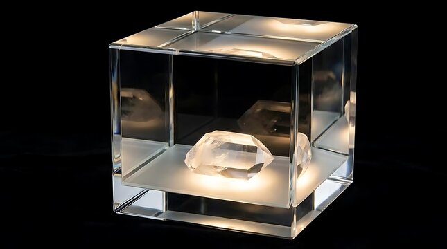 Diamond inside illuminated glass cube on black.