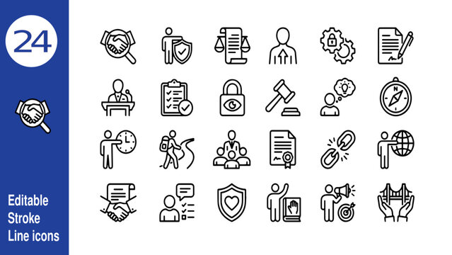 Corporate ethics and compliance icons set, 24 editable stroke line icons for business law and integrity, professional legal and moral values vector collection isolated on White Background