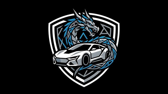 Dragon and sports car shield logo on black background.