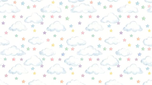 Seamless watercolor background pattern featuring fluffy white clouds and colorful stars for baby nursery design