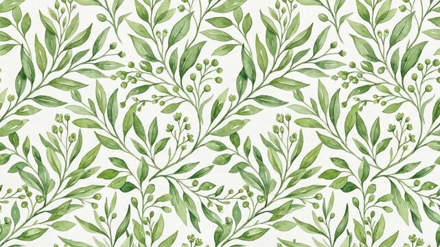 Seamless watercolor pattern of green foliage, leaves, and small berries on light background.