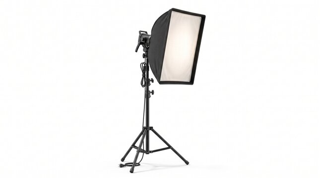 Professional studio softbox on tripod stand, photography lighting equipment for portraiture, black strobe light with diffuser on white background