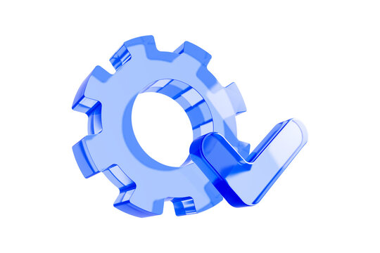Blue 3d gear setting with checkmark icon isolated on transparent background