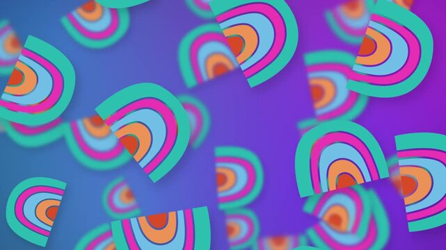 Playful Colorful Semicircle Shapes Falling Over Vibrant Purple Mesh Background