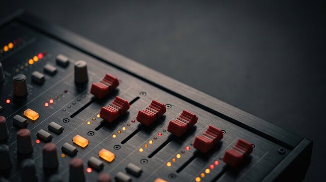 Professional audio mixing console with glowing LED lights and faders for music production.