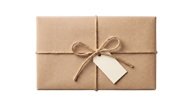 Brown craft paper gift box tied with twine string and a blank tag