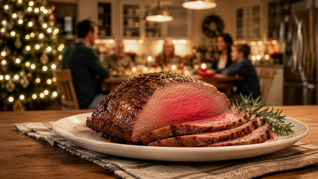 Roast Beef Christmas Dinner with Family Gathering in Festive Home