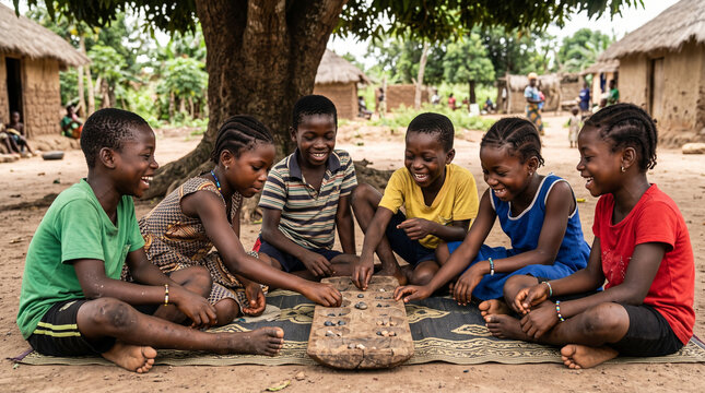 Group of African children sitting on mat playing traditional Mancala board game in village