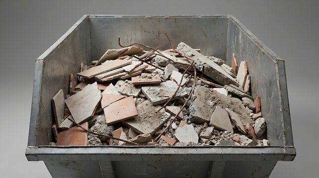 Industrial metal container filled with construction debris and broken tiles