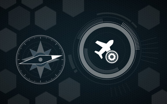 A modern digital interface features a navigation compass pointing toward an aviation settings icon, representing travel planning and technological flight control systems.