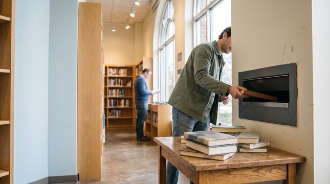 Man returning library book in drop box slot at public library