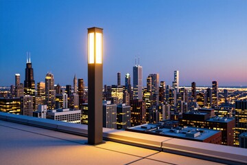 Fototapeta premium Modern lamppost glows on rooftop with city skyline at twilight. Illuminated skyscrapers and urban landscape at dusk. Building lights create a vibrant night atmosphere.