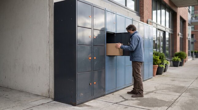 Man placing a cardboard package into a secure parcel locker for contactless delivery