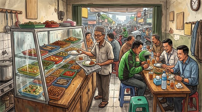 Kopiah Elderly Indonesian Warung Nasi Owner Serving Rice From Colorful Multi-Dish Glass Display Ojek Driver ID Card Office Worker Smiling Busy City Street Background Wall Clock Sketch