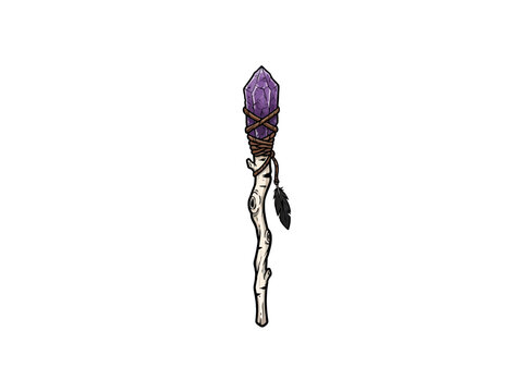 Cartoon illustration of a mystical wizard's staff or magic wand with a large, pointed purple crystal gem at the top, wrapped with rope and adorned with a dark feather, isolated on white
