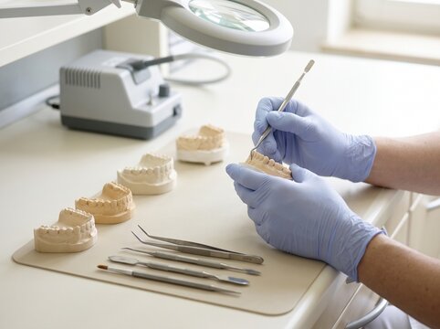 Dental technician crafting plaster teeth models in a professional laboratory setting