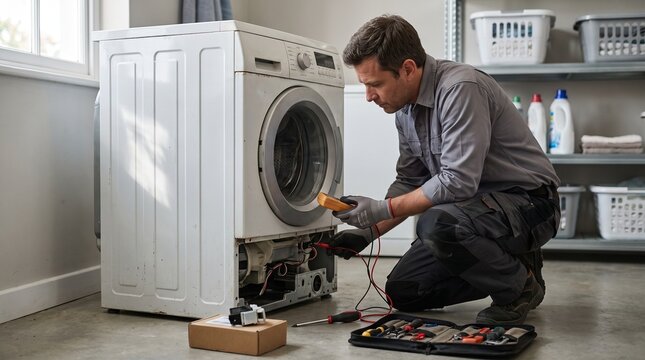 Professional technician repairing a washing machine with a multimeter in a laundry room.